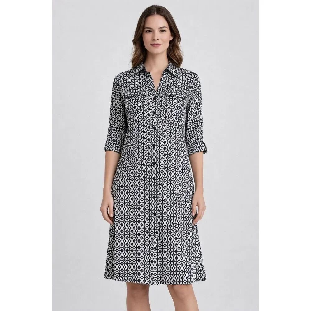 Spense 100% Silk Black White Geometric Shirt Dress Womens Size 10